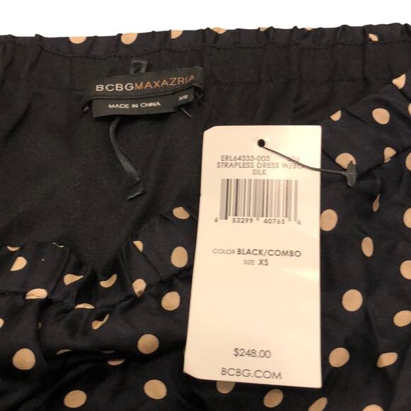 BCBG Maxazria Black Polka Dot Silk Dress XS Strapless Lined Vacation Cruise - Picture 3 of 7